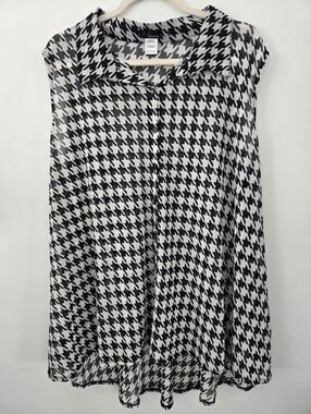 SirenLily Mesh Semisheer black white houndstooth button down sleeveless top 3X.